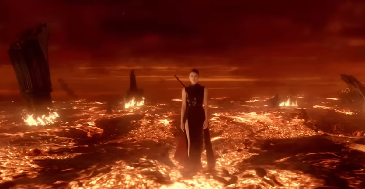 A woman walks across a lake of fire in 3 Body Problem.