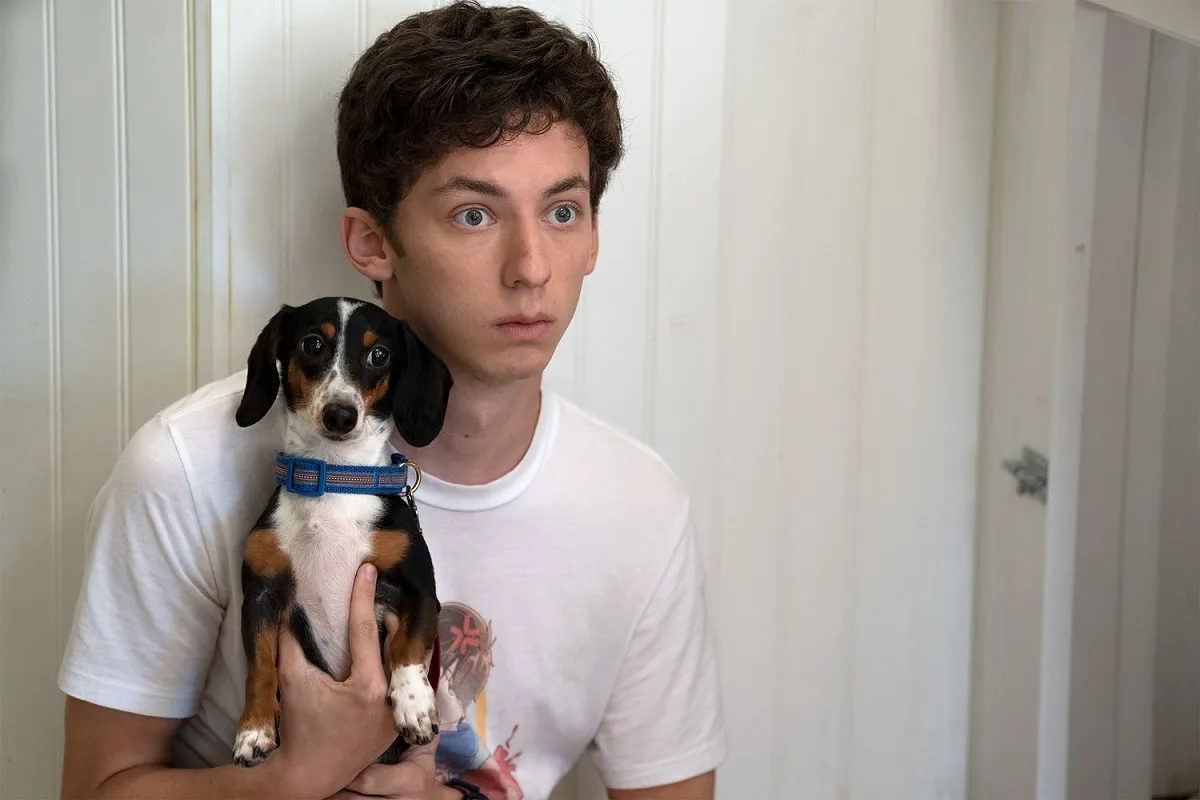 Andrew Barth Feldman in a scene from 'No Hard Feelings.' He is a young white man with short dark hair wearing a white t-shirt and holding a black, brown and white daschund dog. Feldman is wide-eyed. 