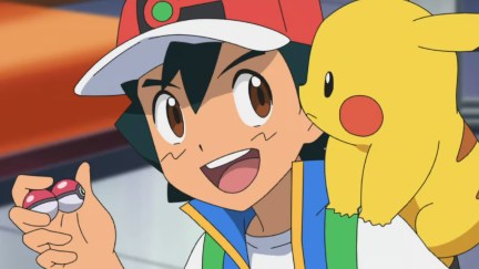 Ash Ketchum with Pikachu on his shoulders, holding two minimized Pokéballs