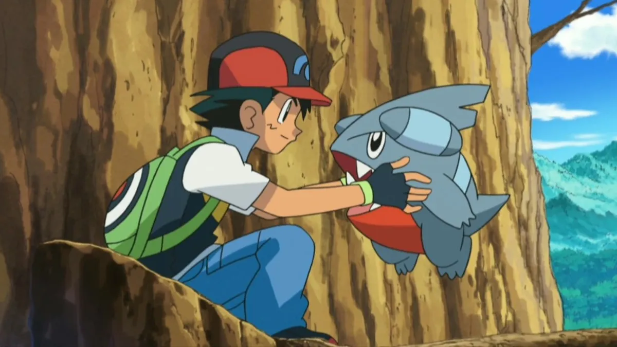 Ash Ketchum and Gible in the Pokémon anime