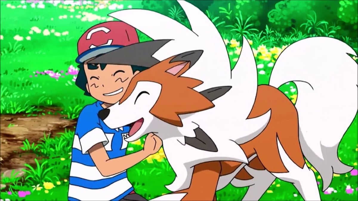 Ash Ketchum and Lycanroc in the Pokémon anime 
