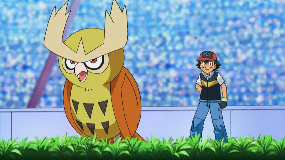 Ash Ketchum and his shiny Noctowl in the Pokémon anime 