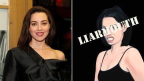 Aubrey Plaza opposite the cover art for John Waters' novel 'Liarmouth'