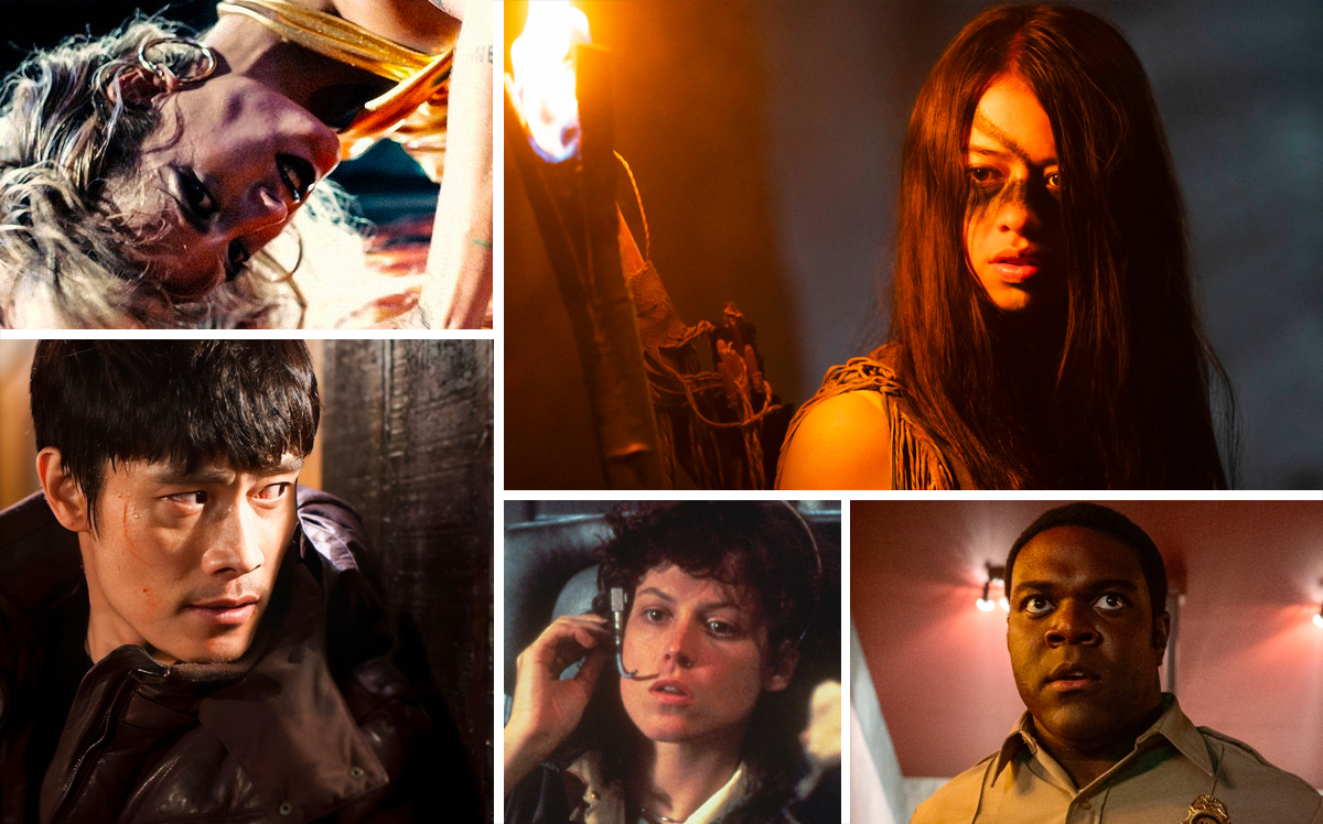 Some of the best horror movies on Hulu right now (clockwise from top left): 'Titane,' 'Prey,' 'Werewolves Within,' 'Alien,' 'I Saw the Devil'