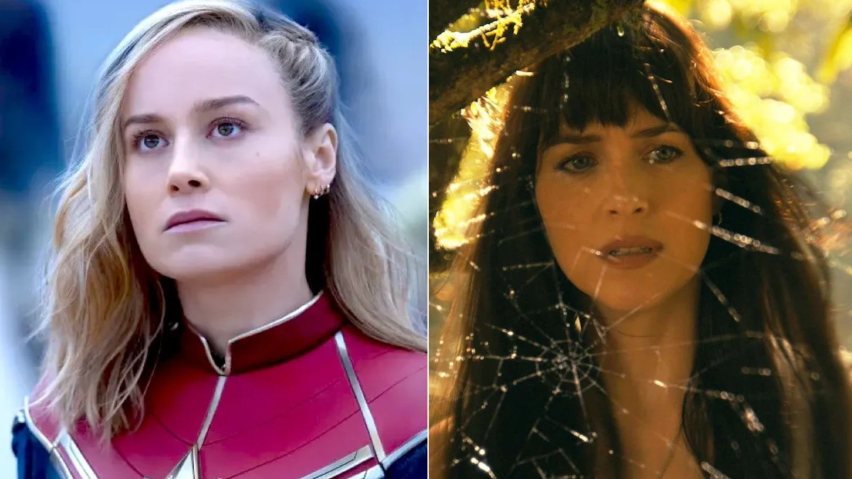 Brie Larson as Carol Danvers in The Marvels and Dakota Johnson as Cassie Webb in Madame Web