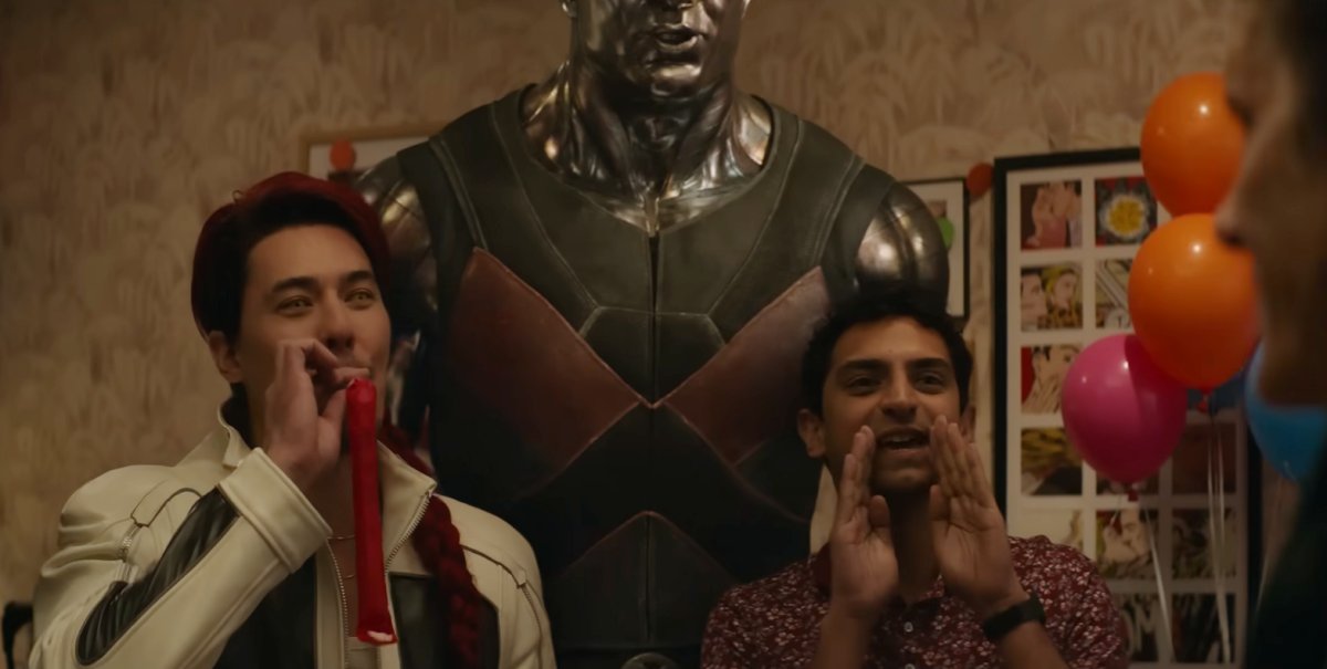 Lewis Tan as Shatterstar, Stefan Kapičić as Colossus, and Karan Soni as Dopinder in Deadpool & Wolverine