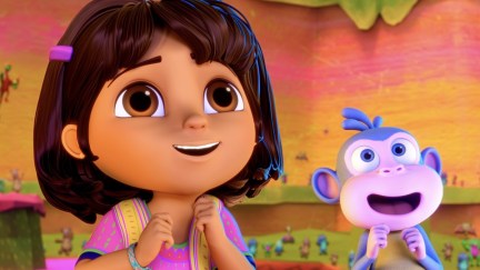 Dora (voiced by Diana Zermeno) and Boots (voiced by Asher Colton Spence) in the 2024 Dora reboot