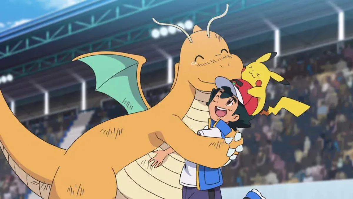 Dragonite, Ash Ketchum, and Pikachu in the Pokémon anime