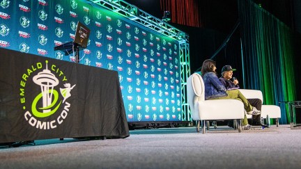 Mark Ruffalo and Veronica Valencia speaking at Emerald City Comic Con 2023