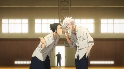 Satoru and Suguru arguing during their high school days in Tokyo Jujutsu High in Jujutsu Kaisen.