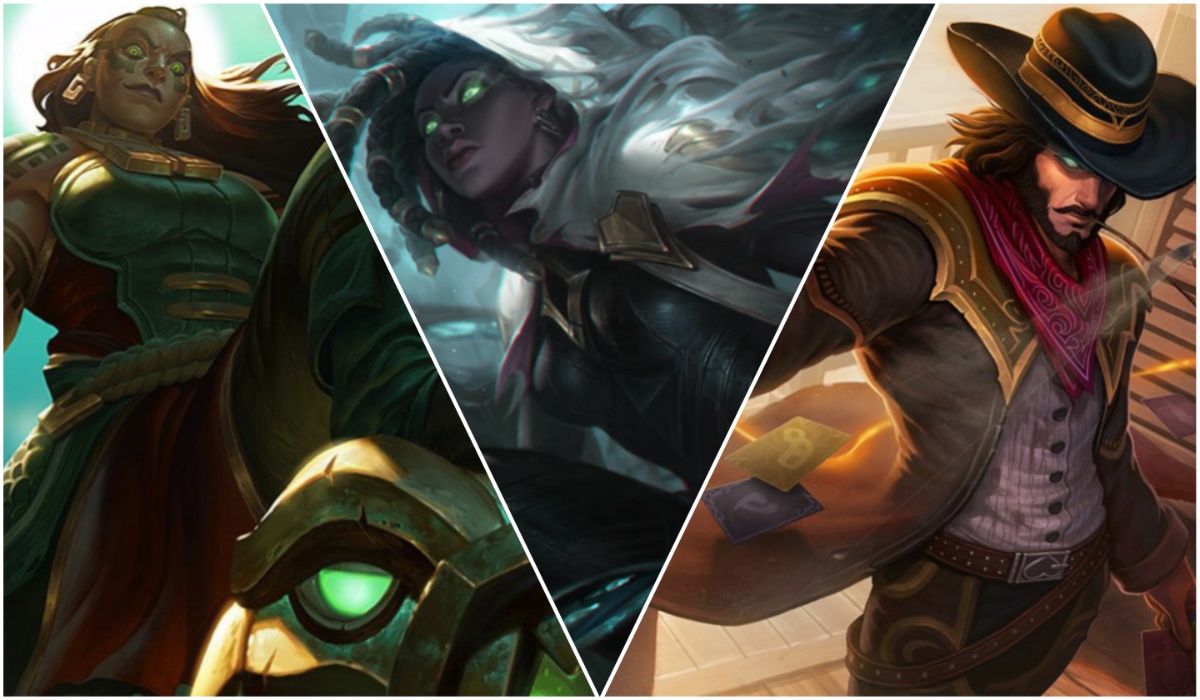 Illaoi, Senna, and Twisted Fate official art from League of Legends.