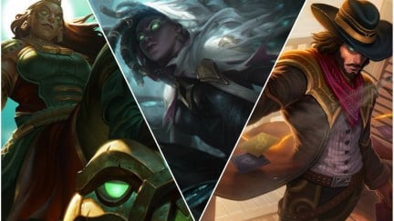 Illaoi, Senna, and Twisted Fate official art from League of Legends.