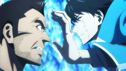 Sung Jinwoo moments before killing Hwang Dongsuk from Solo Leveling.