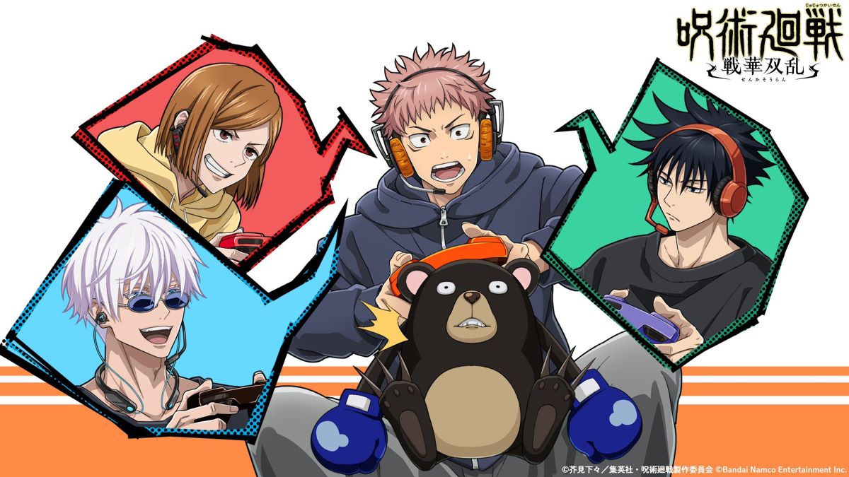 Official Illustration of Yuji Itadori, Kugisaki Nobara, Megumi Fushiguro, and Satoru Gojo from Jujutsu Kaisen: Cursed Clash
