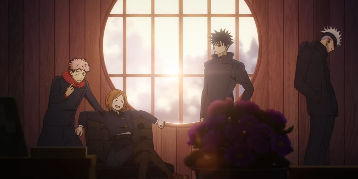 Yuji, Nobara, Megumi, and Gojo Satoru hanging out in Jujutsu Kaisen Season 2