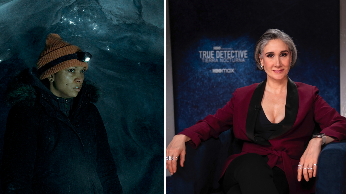 Kali Reis in 'True Detective: Night Country' opposite a photo of showrunner Issa Lopez