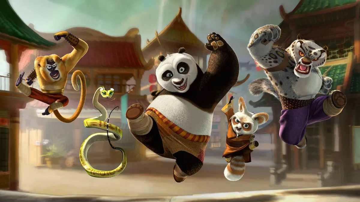Po the panda fights alongside the Furious Five in Kung Fu Panda.