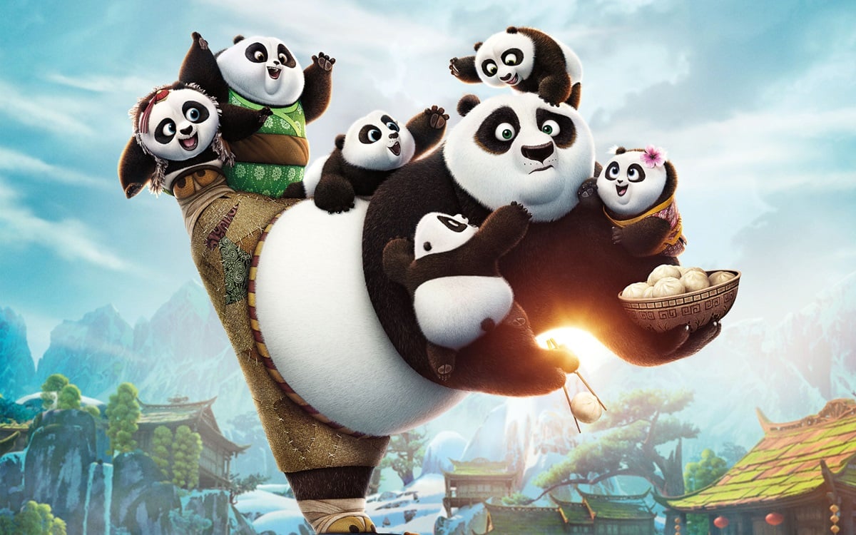 Po the panda balancing 6 baby pandas in his arms and leg in Kung Fu Panda 3