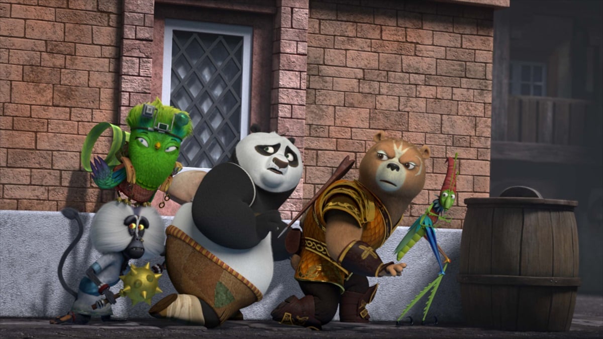 Po and company sneaking aroun d in Kung Fu Panda The Dragon Knight