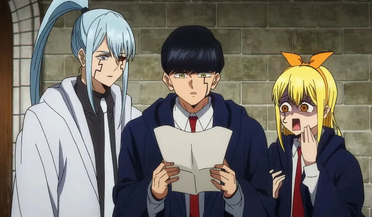 Lance, Mash, and Lemon reading a letter from Mashle: Magic and Muscles Season two.