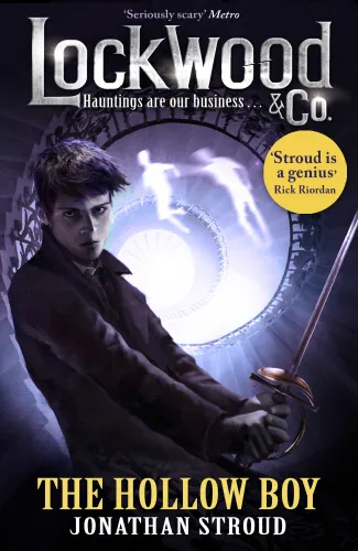 The book cover for Lockwood & Co. - The Hollow Boy, featuring Anthony Lockwood in front of a spiral staircase