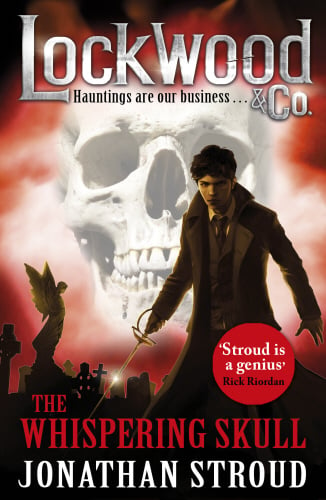 The book cover for Lockwood & Co. - The Whispering Skull, featuring Anthony Lockwood and an eerie white skull