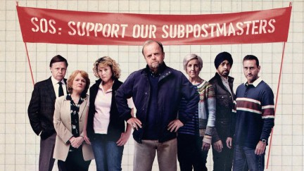 Key art for Mr. Bates vs The Post Office, including Toby Jones, Monica Dolan, Will Mellor, Julie Hesmondhalgh, Shaun Dooley, Amit Shah, and Lesley Nicol