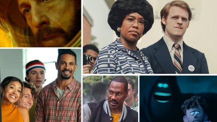 Some of the new movies coming to Netflix in 2024 (clockwise from top left): 'Spaceman,' 'Shirley,' 'Orion and the Dark,' 'Beverly Hills Cop: Axel F,' 'Players'