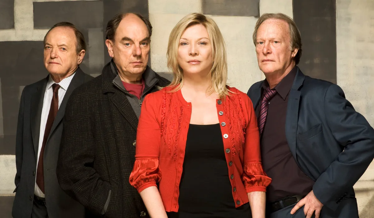 From left to right: James Bolman as Jack Halford, Alun Armstrong as Brian Lane, Amanda Redman as Detective Superintendent Sanda Pullman, and Dennis Waterman as Gerry Standing in New Tricks