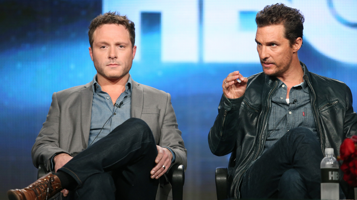 Nic Pizzolatto and Matthew McConaughey at an event discussing 'True Detective' season 1