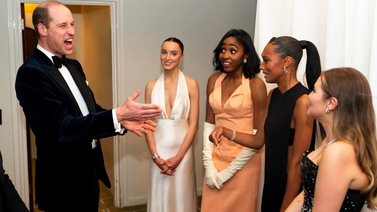 Prince William talking to Rising Star nominees Phoebe Dynevor, Ayo Edebiri, Sophie Wilde, and Mia McKennaBruce at the BAFTAs
