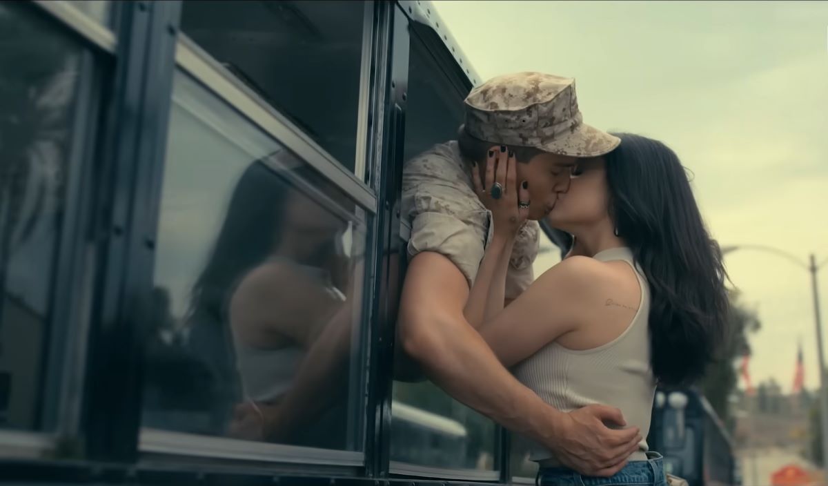 Sofia Carson and Nicolas Galitzine as Cassie and Luke from Purple Hearts the movie.