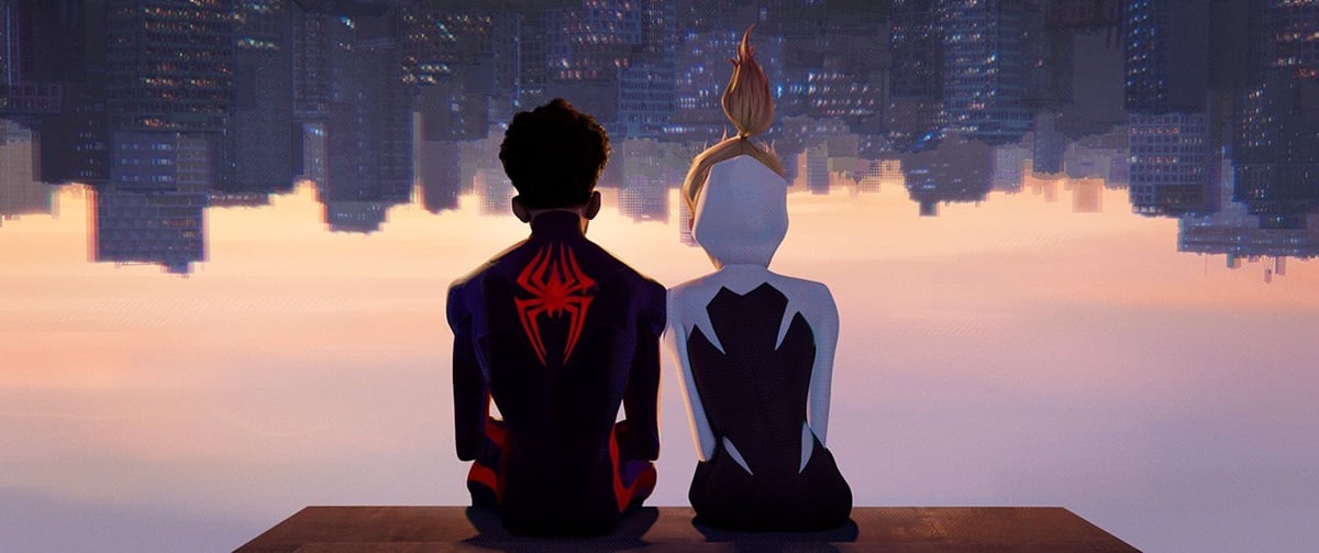Spider-Man and Gwen Stacy looking at view of city with backs to audience