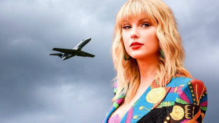 Taylor Swift with a private jet in the background
