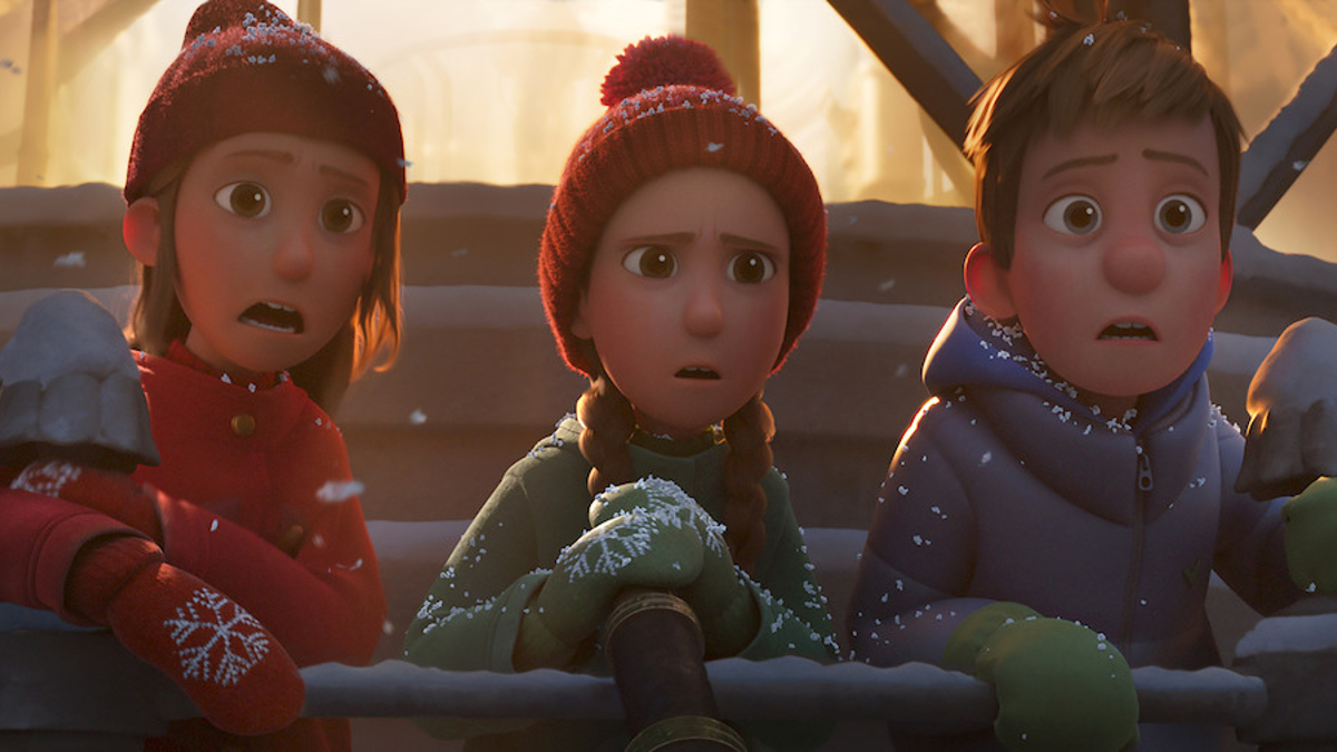 Three kids wearing winter clothes look surprised in 'That Christmas'