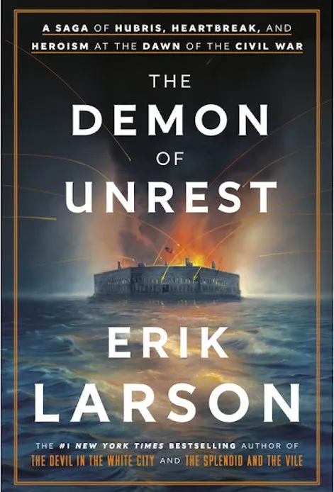 The Demon of Unrest by Erik Larson cover art shows building exploding
