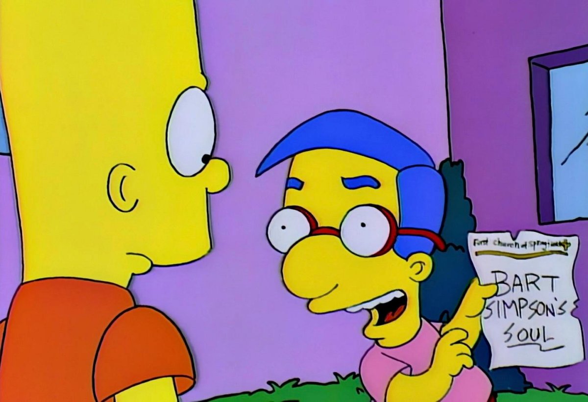 Milhouse taunting Bart with a piece of paper reading "Bart Simpson's Soul"