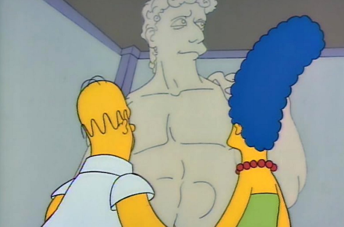 Homer and Marge looking at the Statue of David