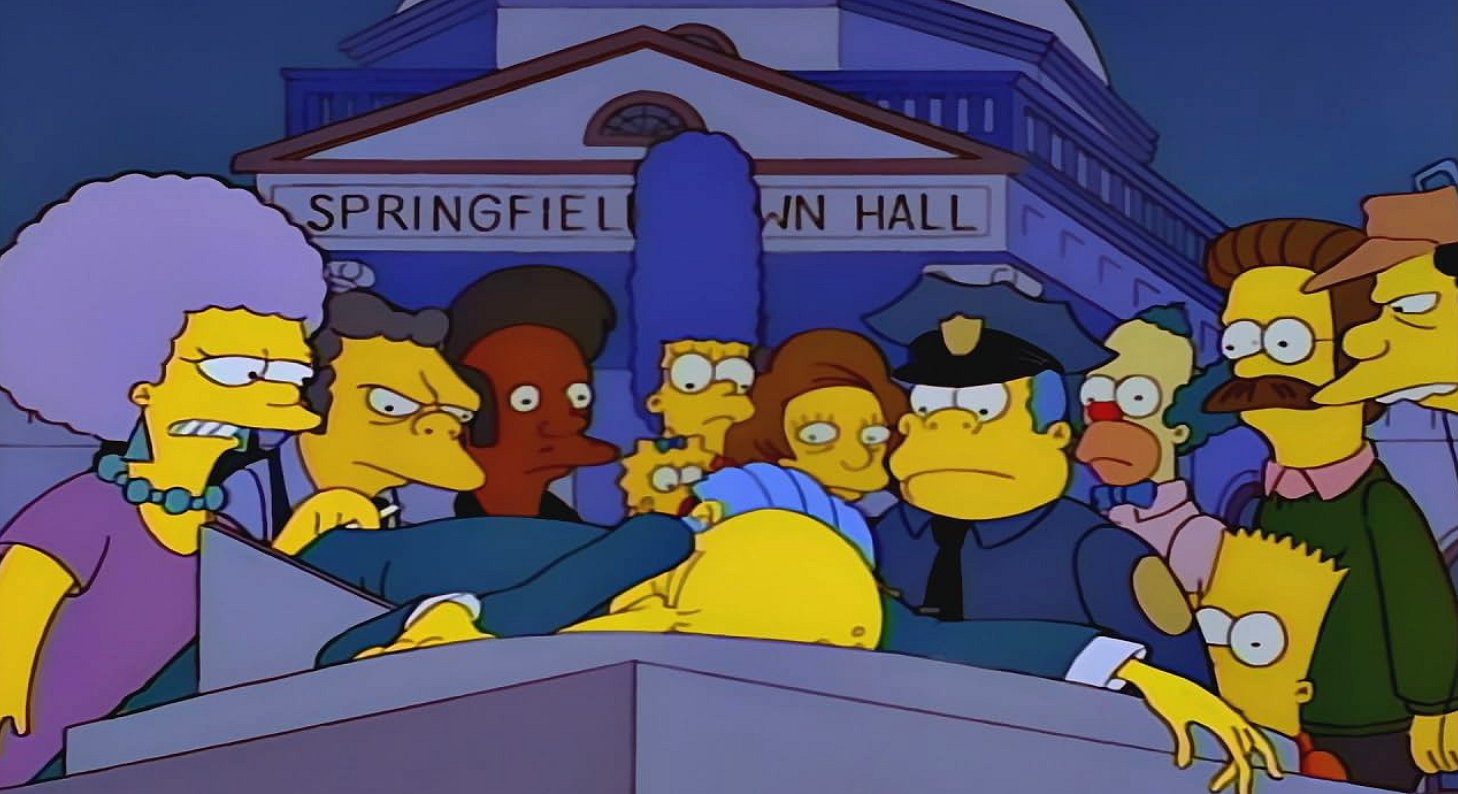 The residents of Springfield looking at a collapsed Mr Burns
