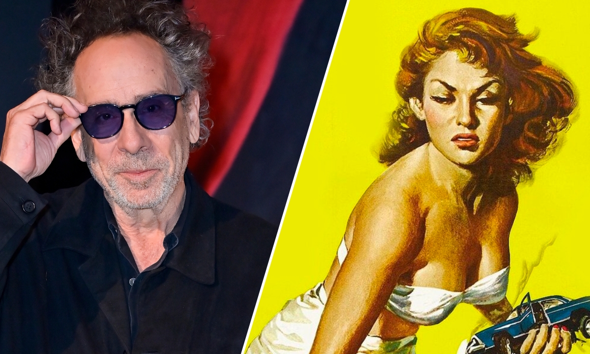 Tim Burton opposite the poster of 'Attack of the Fifty Foot Woman'