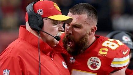 Travis Kelce screaming at coach Andy Reid at the Super Bowl
