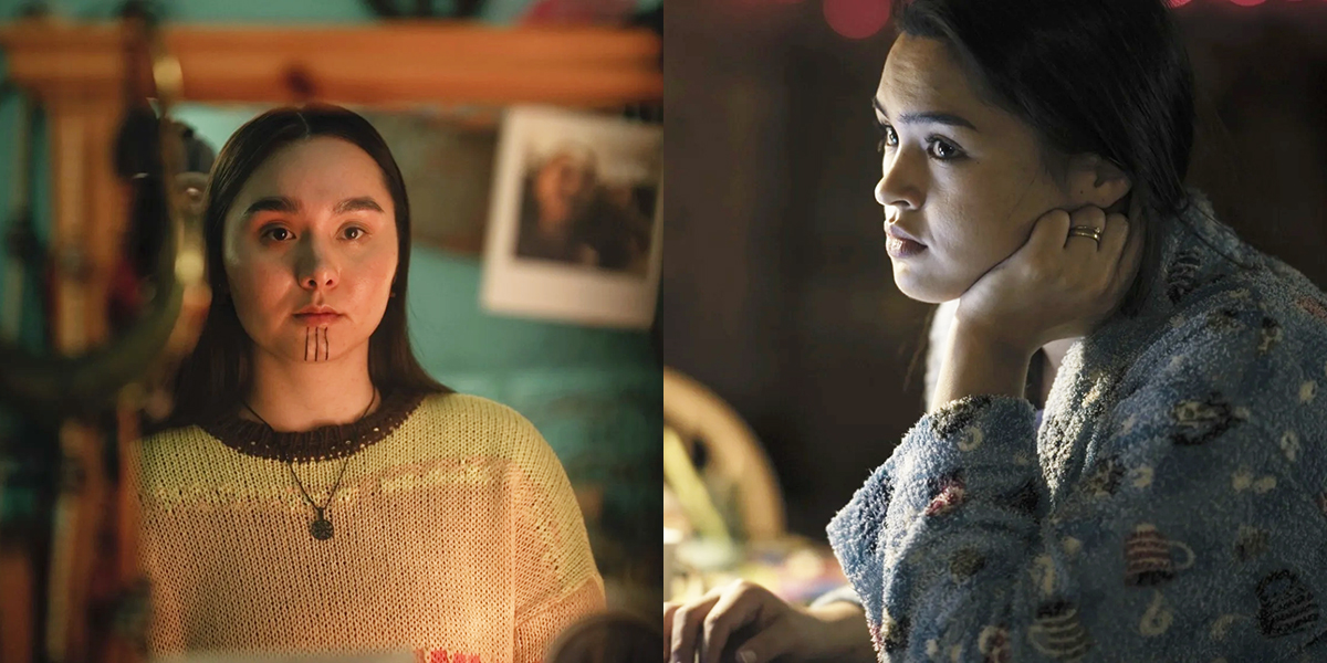 Anna Lambe as Kayla Malee thinking and sitting with her hand on her neck and Isabella Star LaBlanc as Leah standing and looking at herself in the mirror