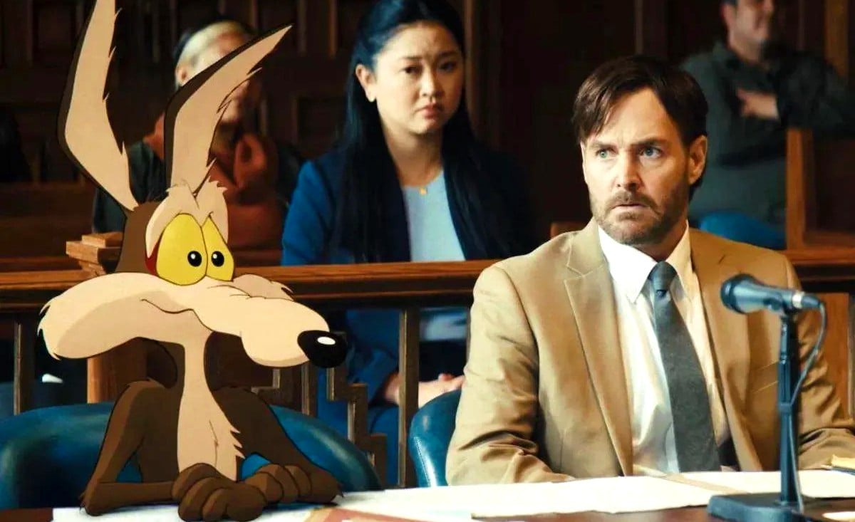 Will Forte and Lana Condor next to animated Wile E. Coyote in Coyote vs. Acme