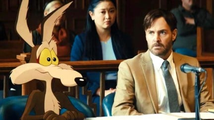 Will Forte and Lana Condor next to animated Wile E. Coyote in Coyote vs. Acme