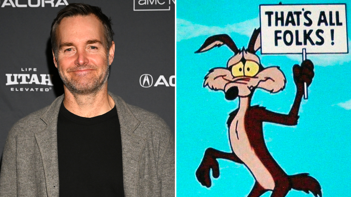 Will Forte opposite an image of Wile E. Coyote holding a sign that reads "That's All, Folks!"