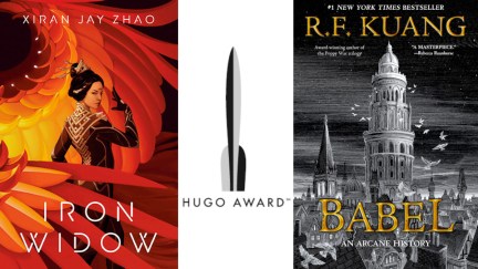 Xiran Jay Zhao's Iron Widow and R. F. Kuang's Babel next to the Hugo Award logo