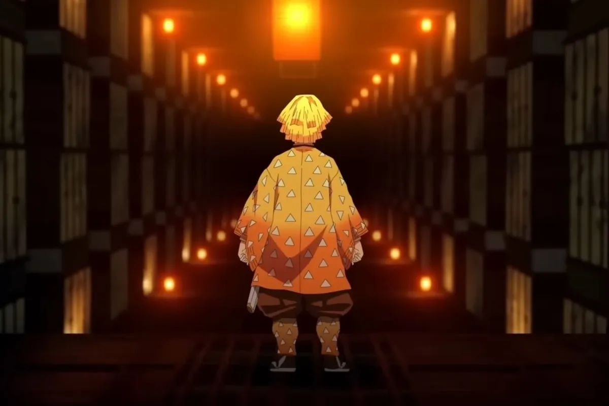 Zenitsu staring into a hallway at Muzan's Infinity Castle from Demon Slayer Season four