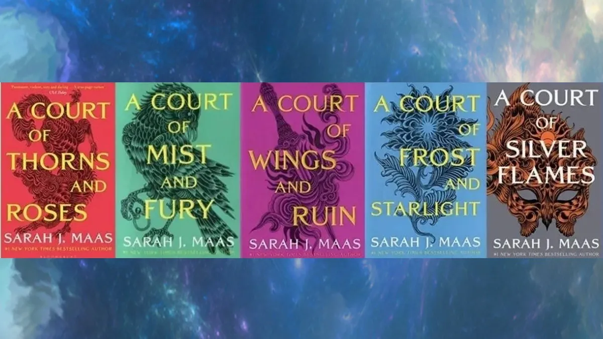 ACOTAR book covers imposed over a celestial background