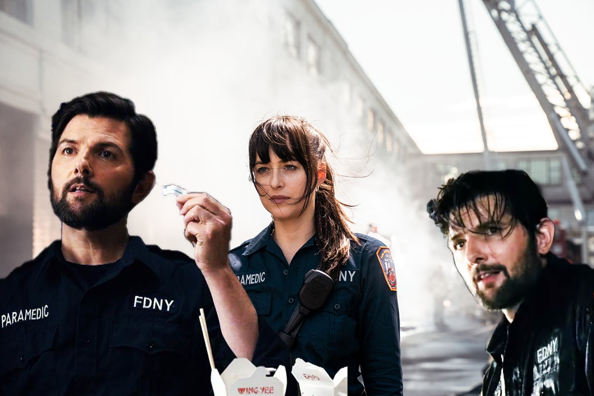 Adam Scott in two images, one holding up a fortune cookie and the other one he is wet, photoshopped in with Dakota Johnson standing as a paramedic in Madame Web