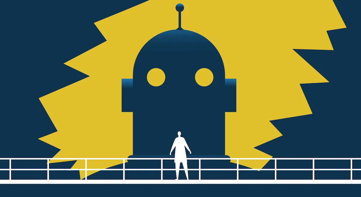 Illustration of a giant robot head looking down on a small human
